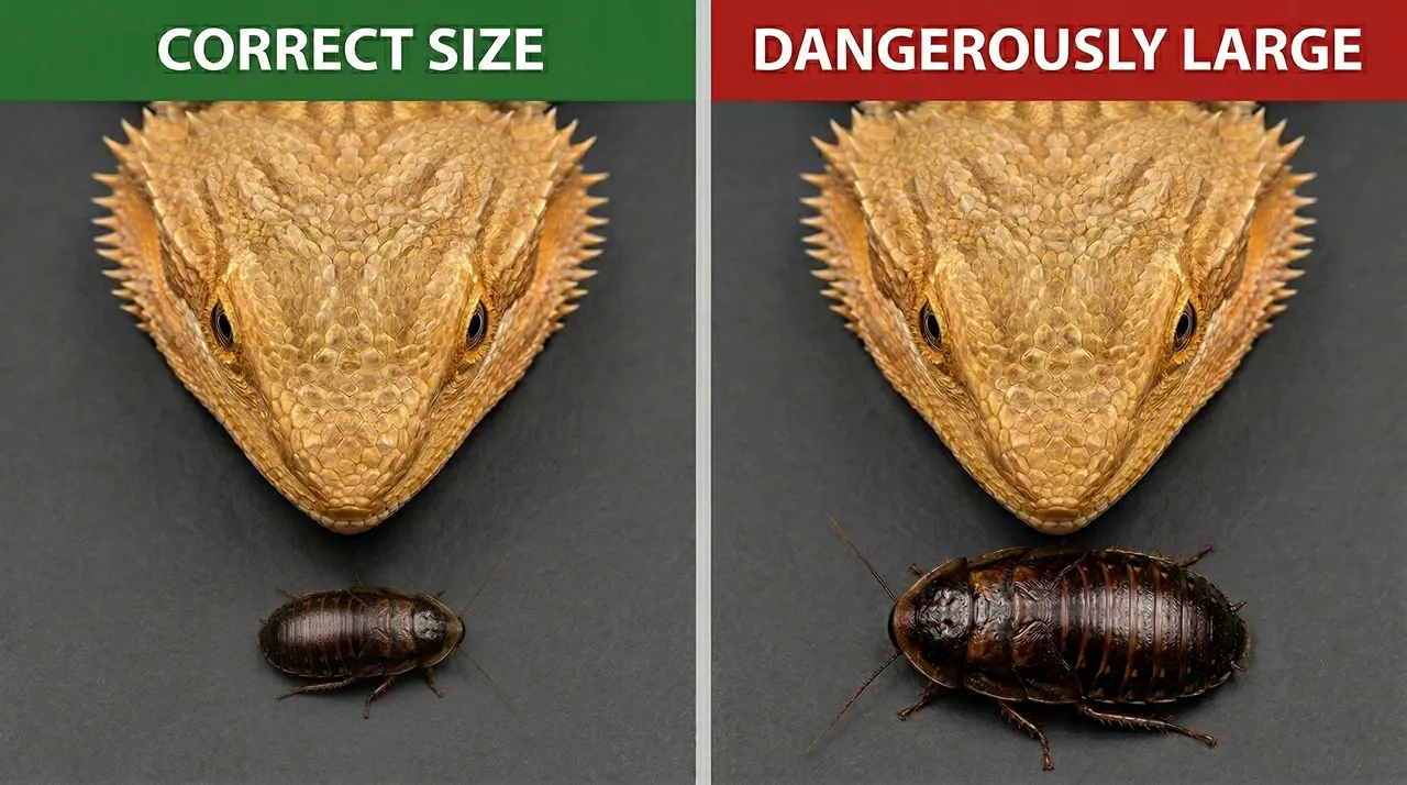 Side-by-side of a safe feeder insect and an oversized one relative to a bearded dragon's eye gap
