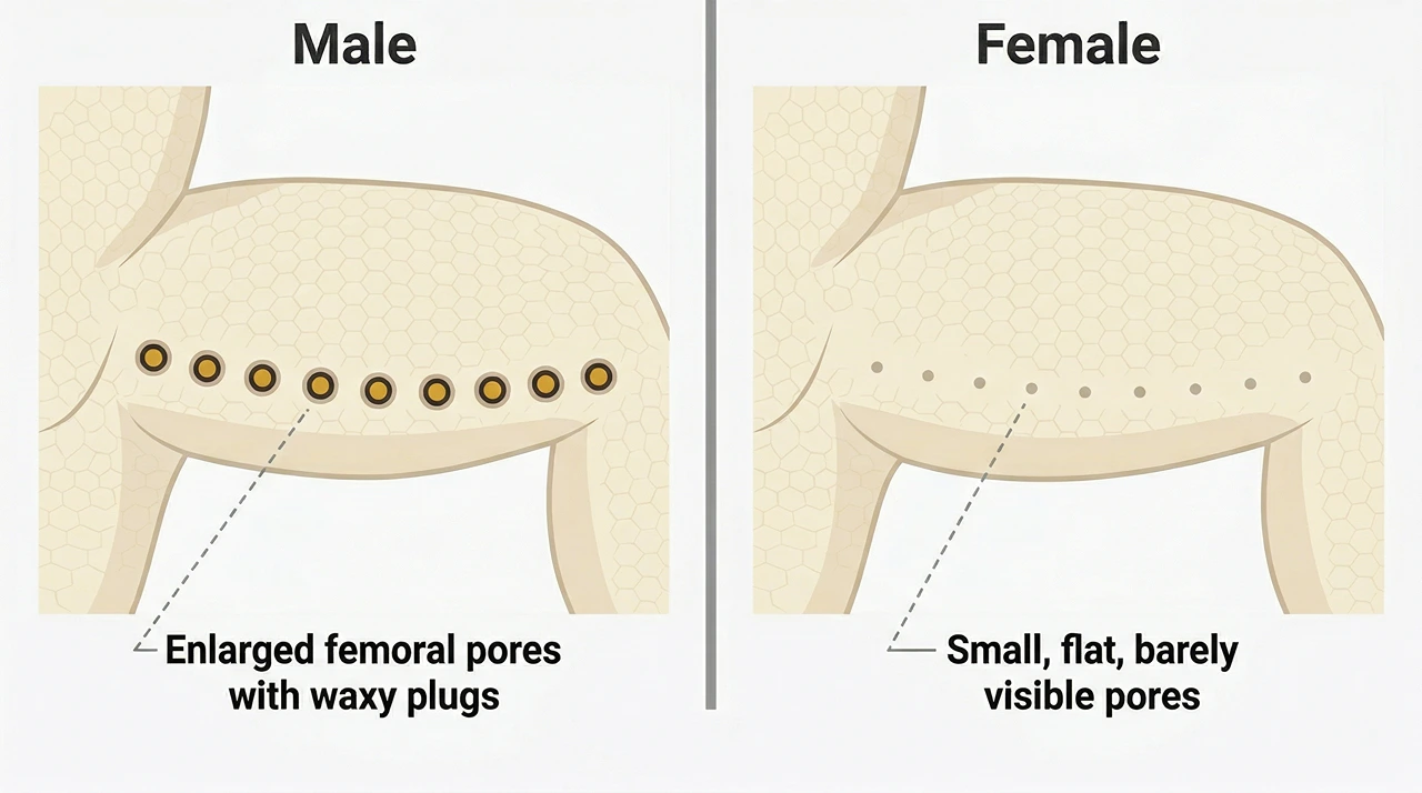 Diagram comparing enlarged amber-plugged femoral pores on a male bearded dragon thigh versus barely visible flat dots on a female