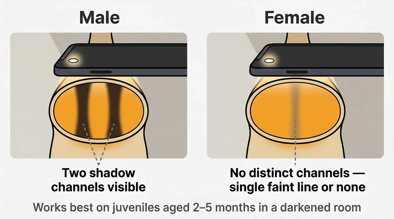 Diagram showing smartphone torch pressed against a bearded dragon tail base with two shadow channels visible in a male and a single faint line in a female