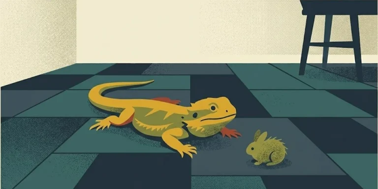 A stylized risograph illustration of a bearded dragon sitting on a tiled living room floor, staring blankly at a small toy to investigate if it is food.