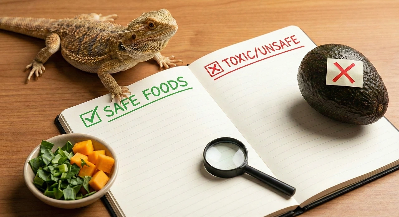 A bearded dragon looking at an open notebook comparing a bowl of healthy salad (Safe Foods) versus an avocado (Toxic/Unsafe).