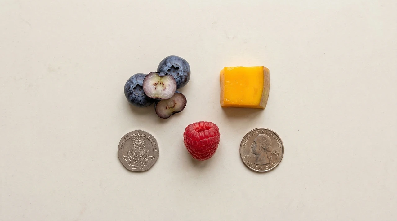 Bearded dragon fruit portions beside coins for scale showing blueberries, a raspberry, and a mango cube