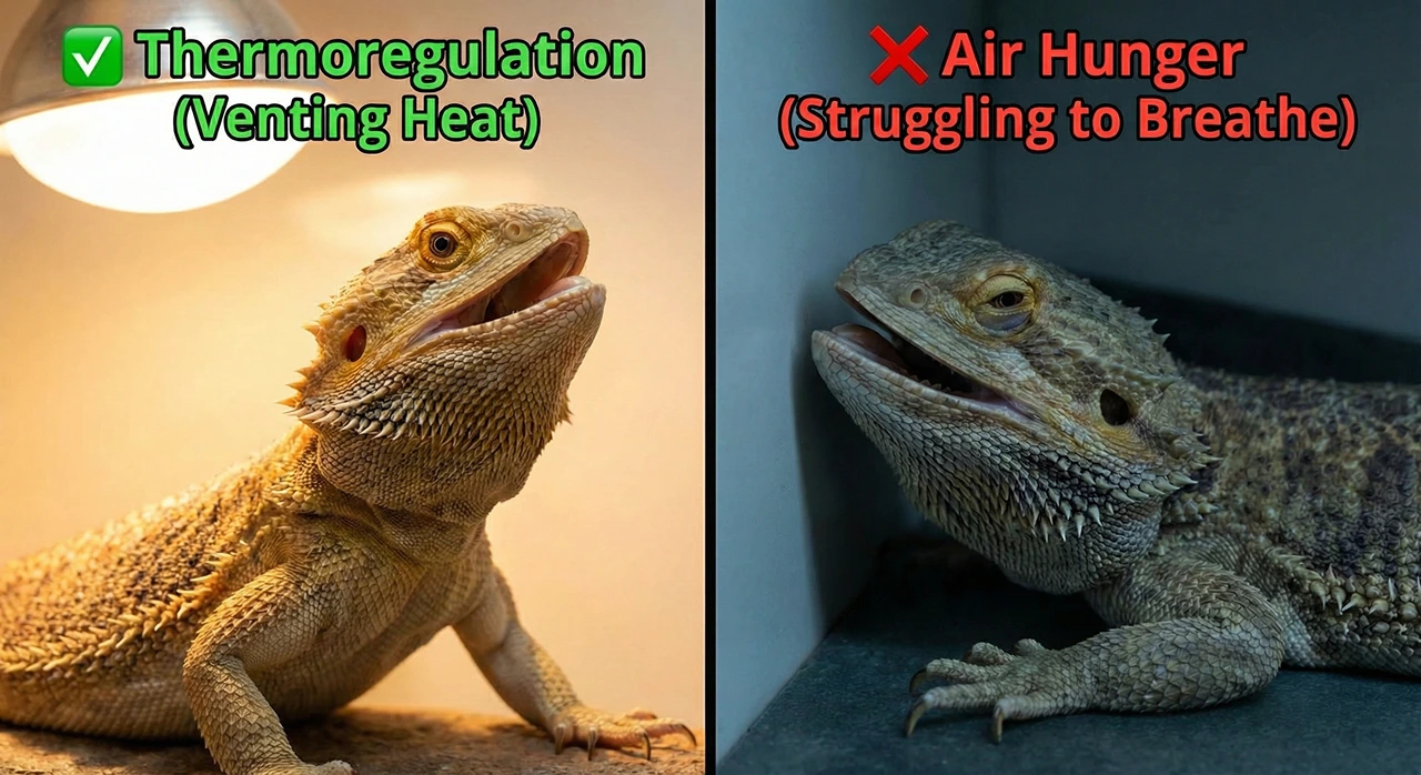 Side-by-side comparison showing a healthy bearded dragon gaping under a heat lamp to thermoregulate (left) versus a sick dragon gaping in the dark due to air hunger and respiratory infection (right).