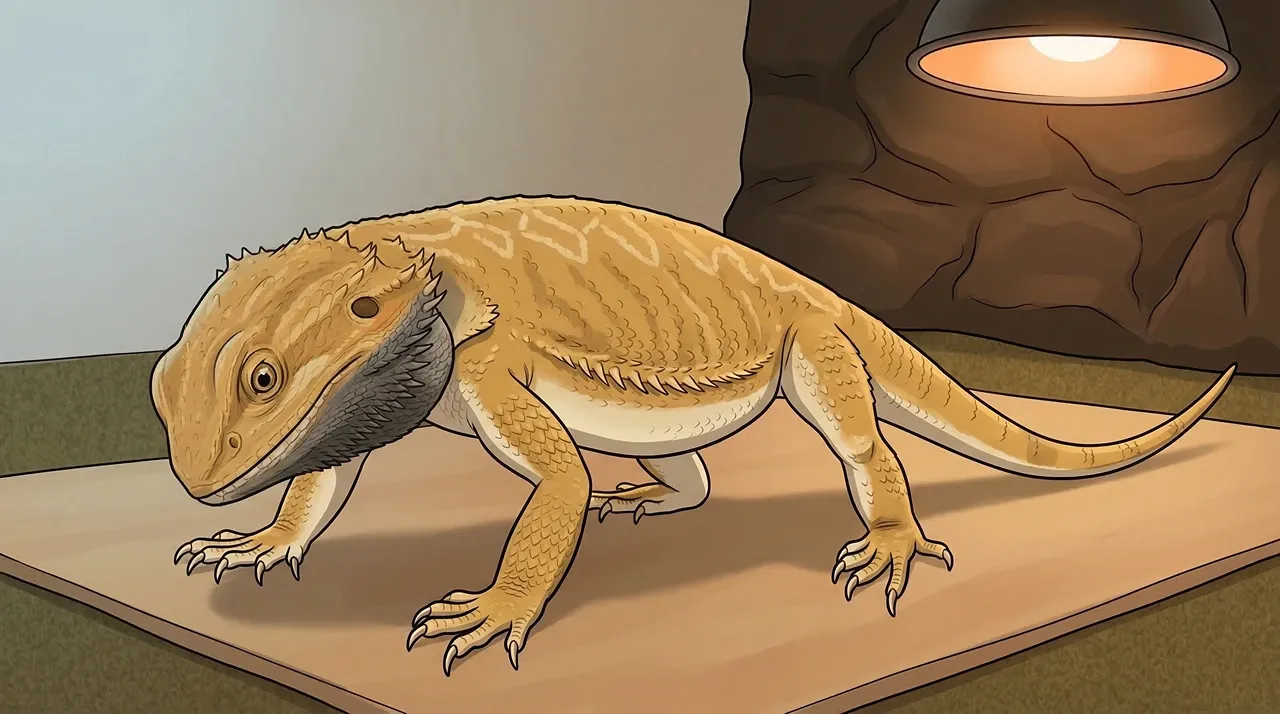 Illustration of an adult male bearded dragon mid-head-bob with head dropped below the body line and beard mid-grey, showing the dominant territorial display new owners commonly misread as personal aggression.