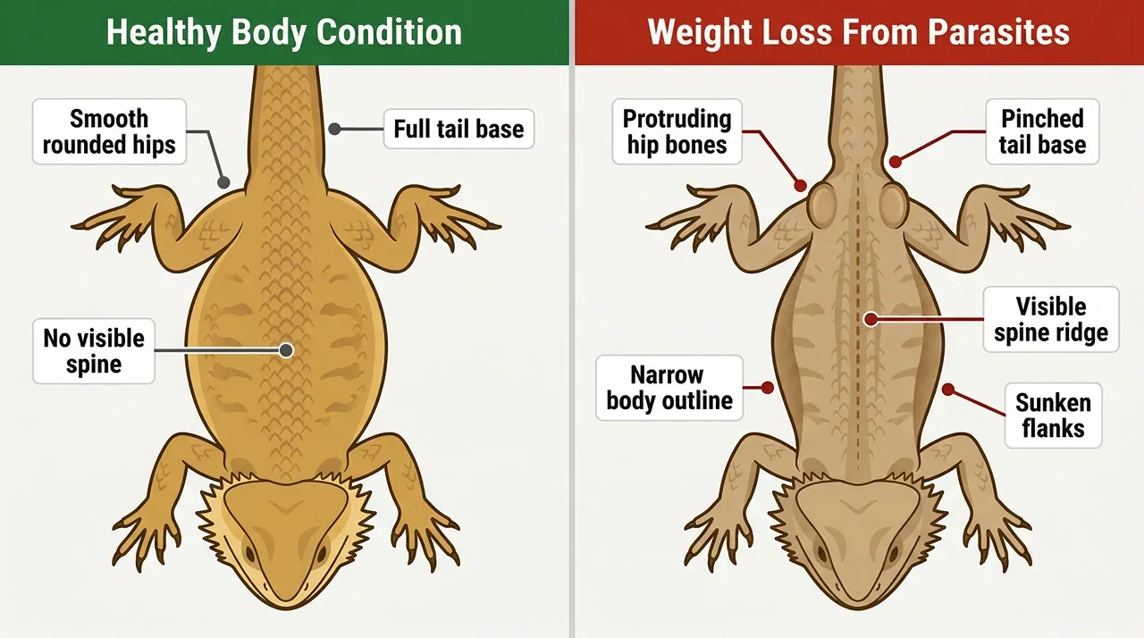 Top-down bearded dragon body condition diagram showing healthy versus emaciated with labelled hip bones and spine ridge