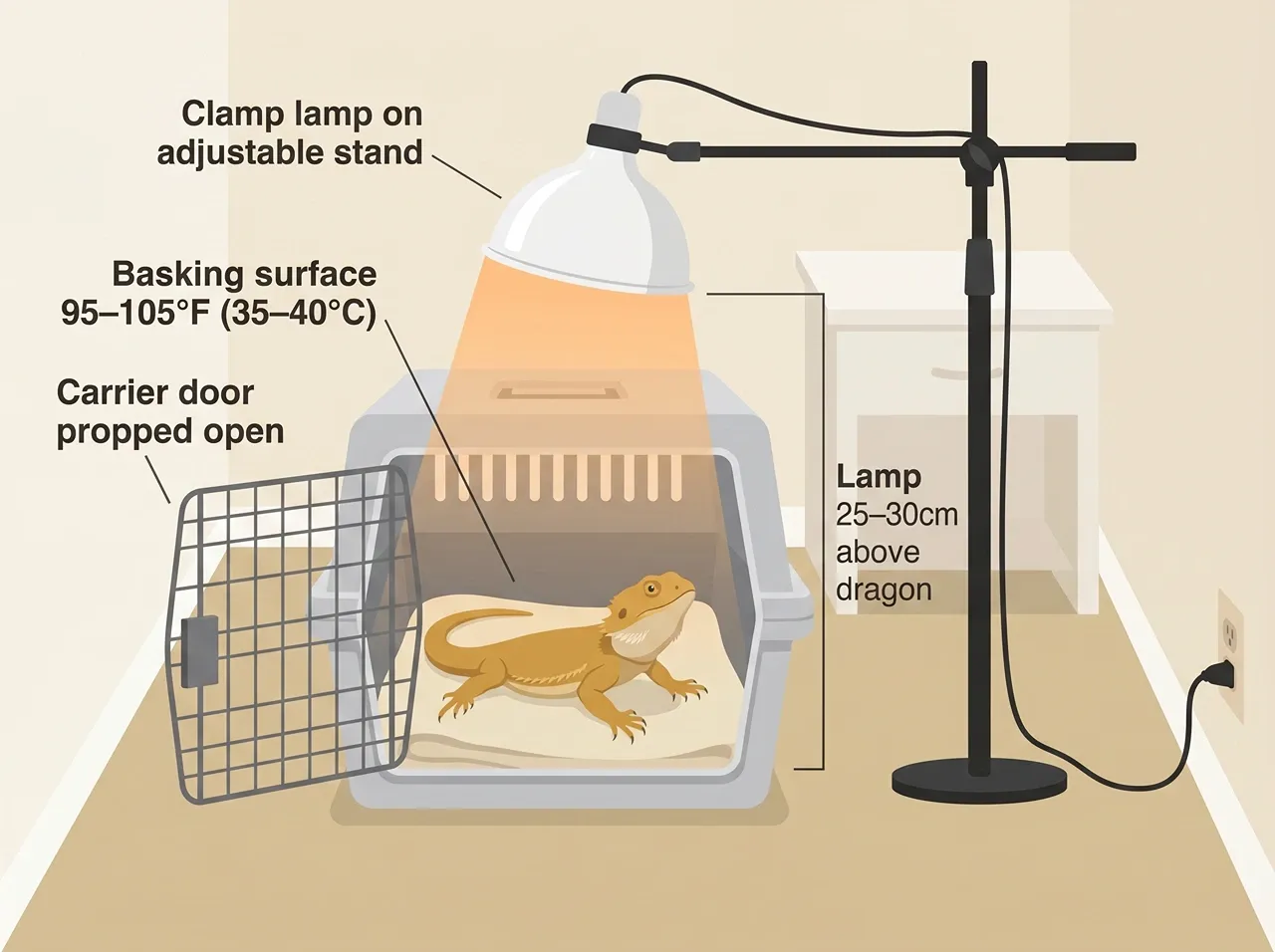 Diagram of a temporary bearded dragon basking setup in a hotel room using a clamp lamp on an adjustable stand over an open travel carrier.