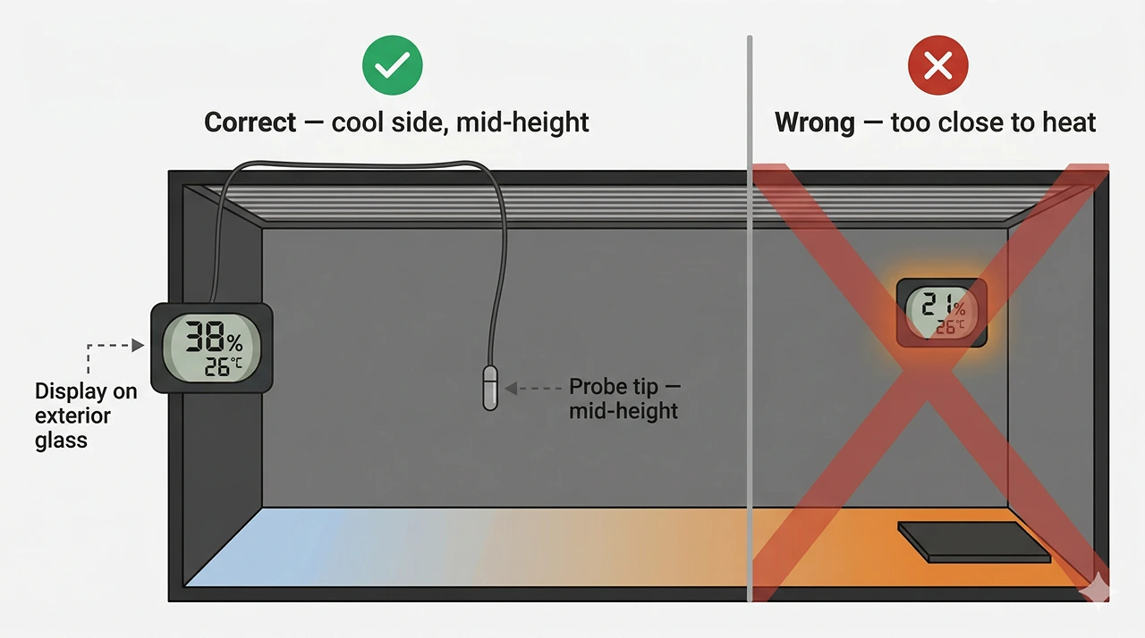 Correct hygrometer at enclosure cool end reading 38% versus wrong warm-end placement reading 21% in a bearded dragon setup