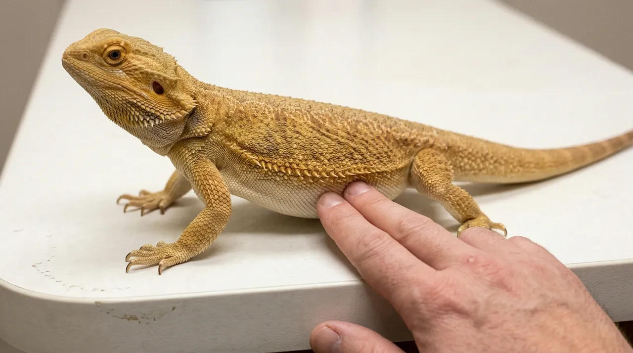 Two fingers pressing gently on the lower abdomen of a bearded dragon lying flat on a surface