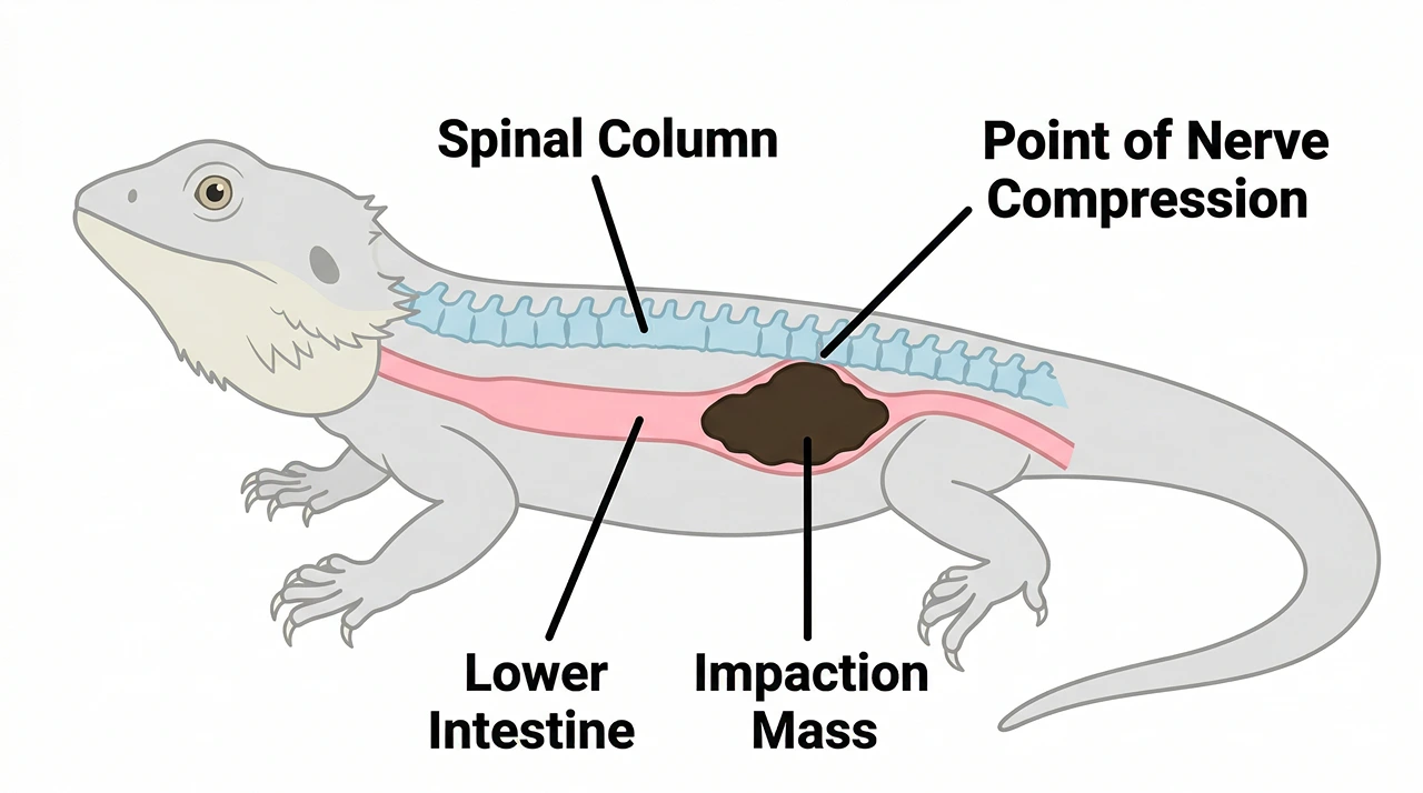 Anatomical diagram of a bearded dragon gut blockage pressing upward against the spinal column