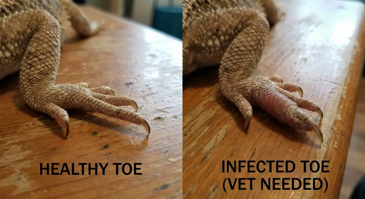 Side-by-side clinical comparison of a normal bearded dragon foot and a swollen, red, infected toe suffering from osteomyelitis.