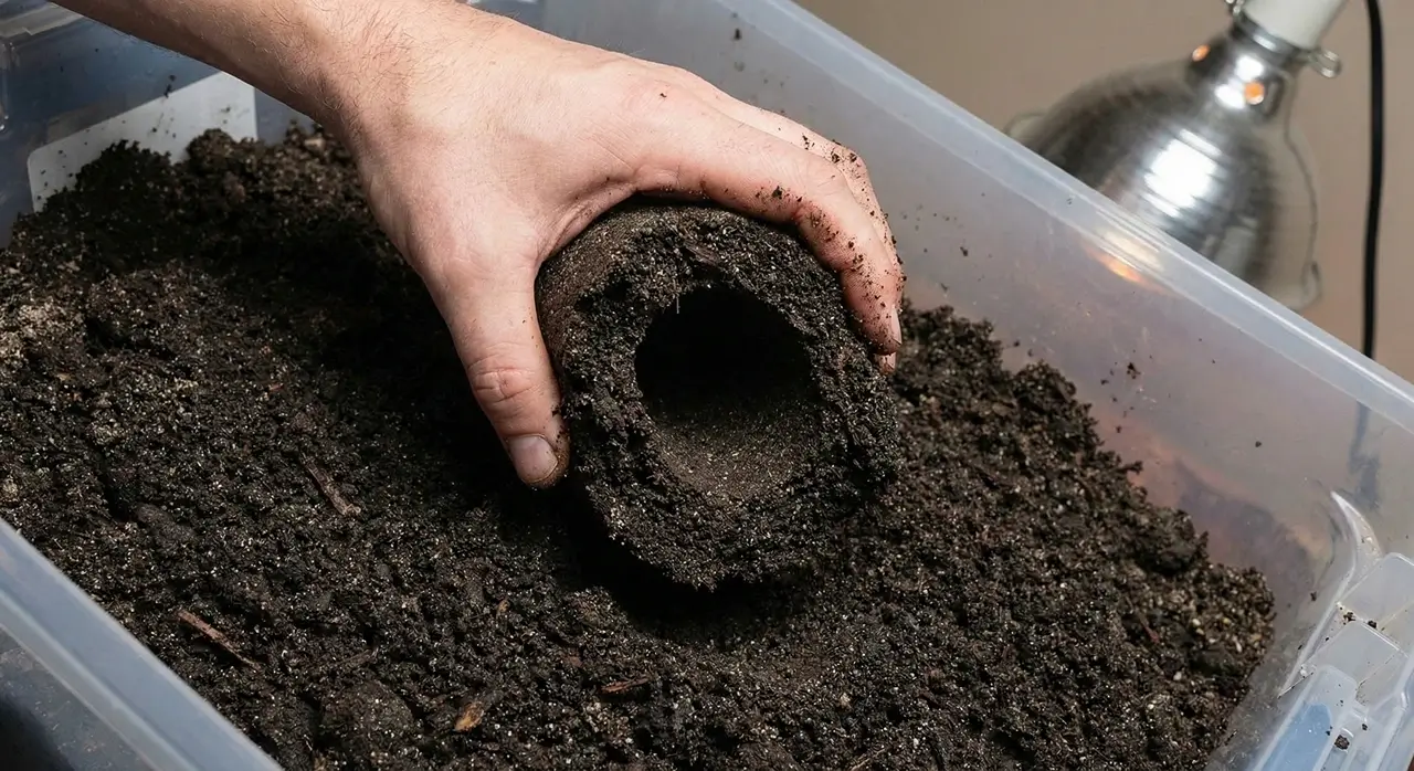 A human hand pulling away from damp soil in a plastic bearded dragon lay box, showing a perfectly formed tunnel that holds its shape without collapsing.