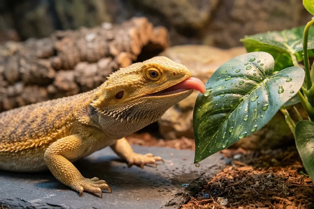 Bearded dragon tongue extended licking water droplets from a wet green leaf in a natural enclosure setting