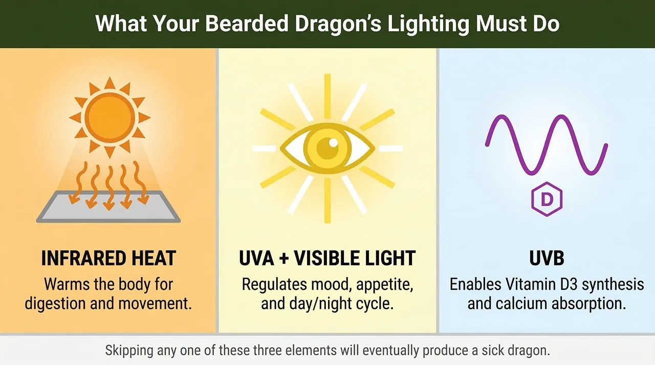 Bearded dragon enclosure diagram: infrared heat, UVA visible light for circadian rhythm, and UVB for Vitamin D3 synthesis