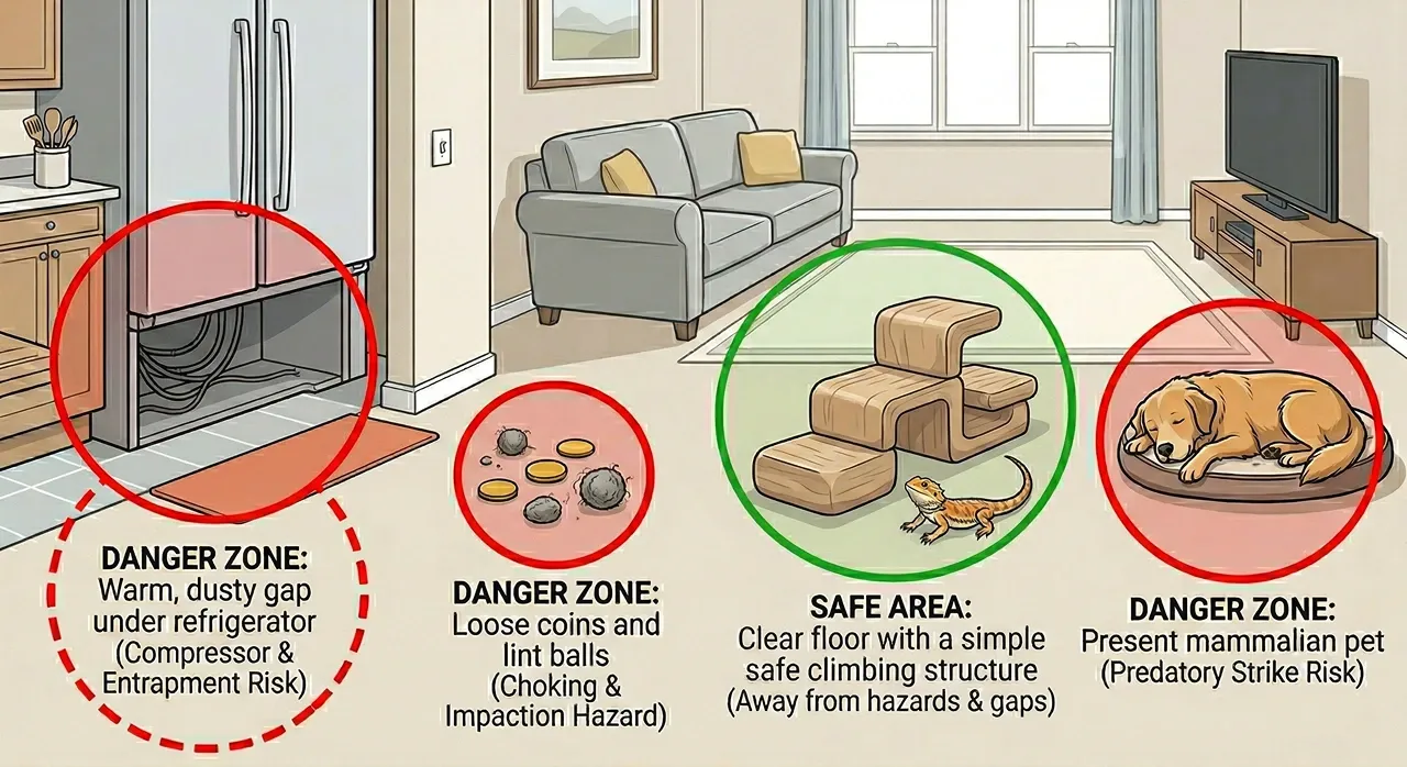 Diagram of living room hazards for free-roaming bearded dragons, highlighting danger zones like the gap under a refrigerator, loose coins, and dogs, alongside a green safe area with a simple climbing structure.