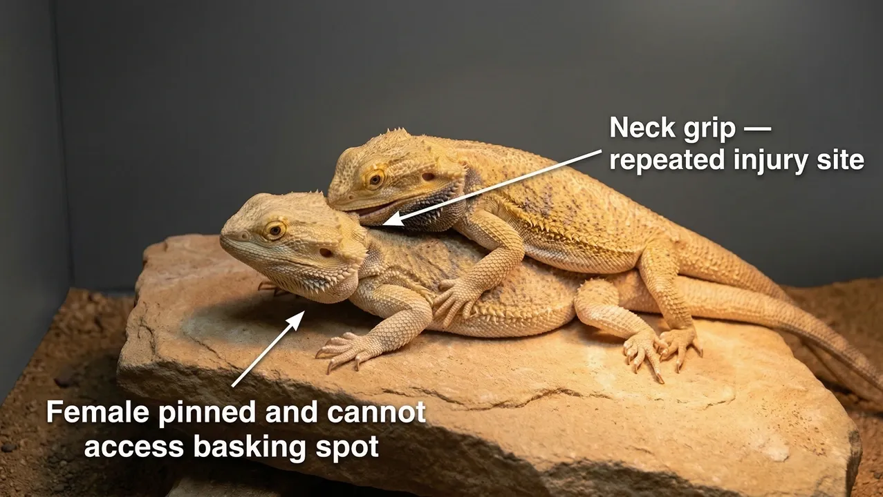 Male bearded dragon mounting a female and gripping her neck, showing why housing male and female bearded dragons together causes repeated physical injury