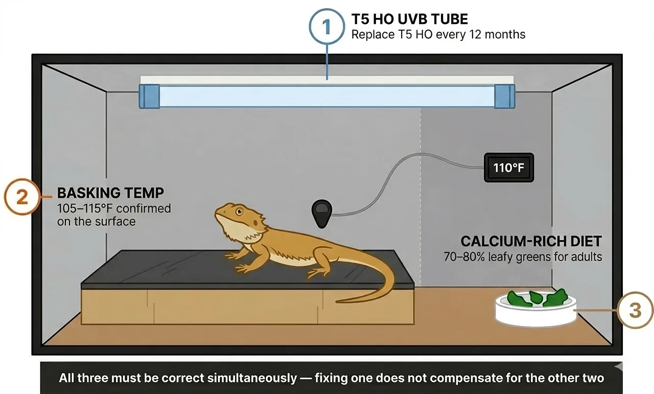 Illustrated bearded dragon enclosure showing UVB tube, basking thermometer reading 110°F, and leafy greens in the cool end — the three elements required to prevent MBD