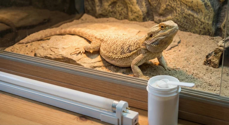 A healthy bearded dragon in a vivarium, with a linear T5 UVB tube fixture and calcium supplement powder in the foreground, illustrating the essentials for preventing Metabolic Bone Disease.