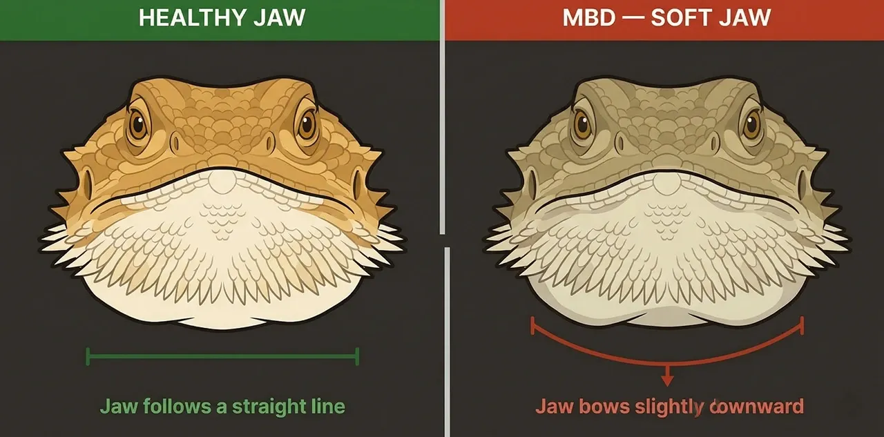 Side-by-side illustration comparing a healthy bearded dragon jaw following a straight line versus an MBD-affected jaw showing a downward bow