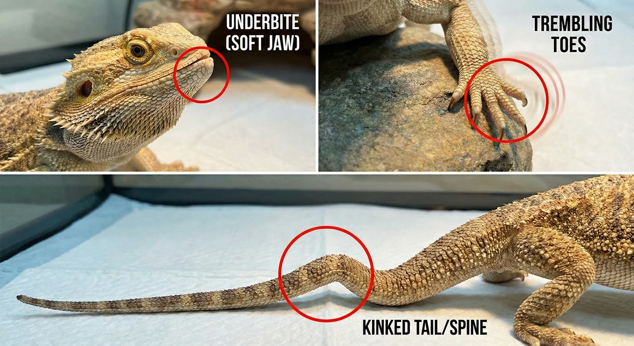 A visual guide showing three early warning signs of Metabolic Bone Disease in bearded dragons: an underbite or soft jaw, trembling toes, and a kinked tail or spine.