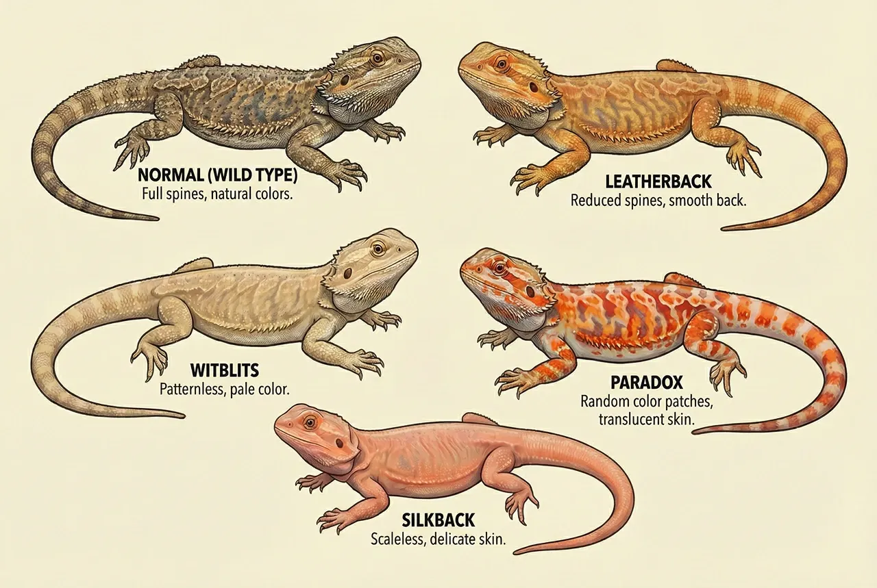 Illustration showing five different bearded dragon morphs including Normal, Leatherback, Witblits, Paradox, and the scaleless Silkback.