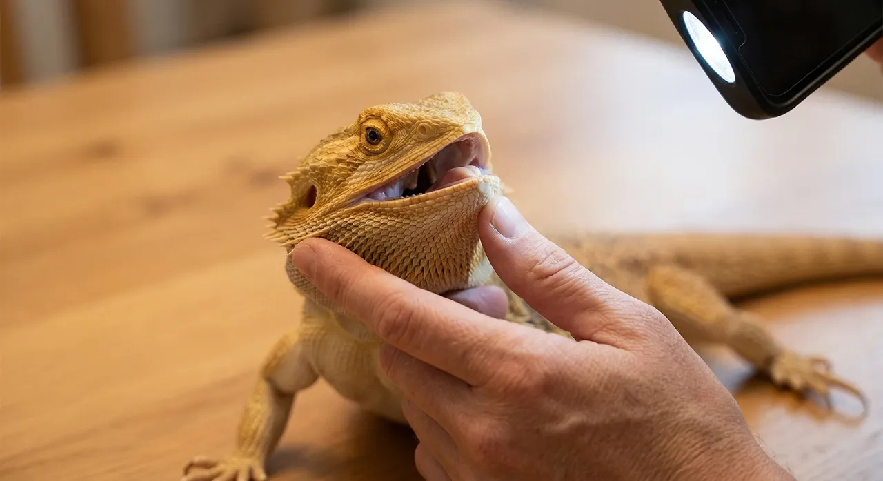 Bare hand opening a bearded dragon's mouth while an LED torch illuminates the oral cavity during a home health inspection