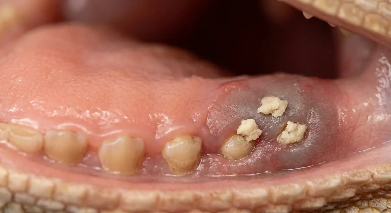 Bearded dragon lower gum showing chalky caseous deposits on a darkened infected patch beside healthy pink oral tissue