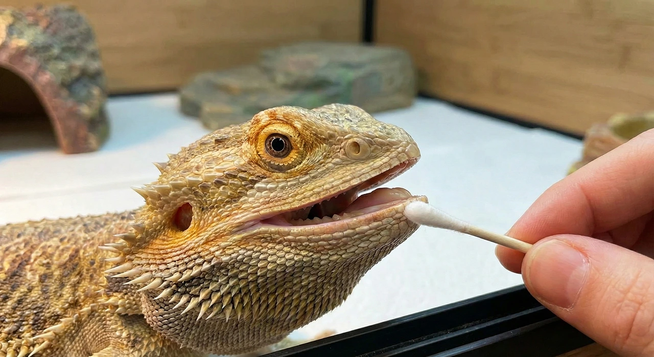A close-up of a bearded dragon with its mouth slightly open as a keeper uses a cotton swab to check the gumline for signs of mouth rot or stuck food.