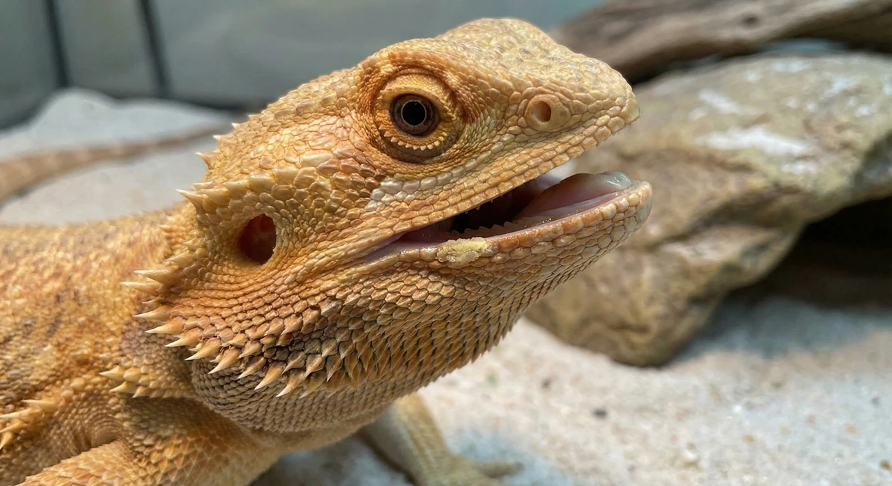 Side profile of a bearded dragon with a slightly open mouth, showing a small patch of yellow, crusty mouth rot (stomatitis) along the lower lip and gumline.