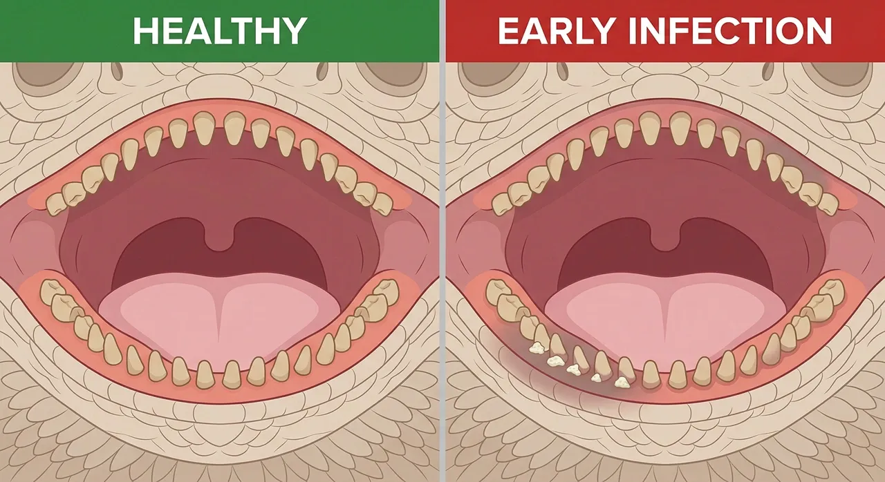 Diagram comparing healthy bearded dragon gum tissue with early-stage stomatitis grey-red discolouration and chalky deposits