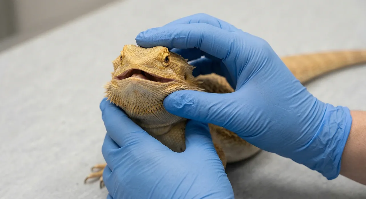 Gloved hands gently examining a bearded dragon's mouth on a clinical grey surface during a veterinary oral health assessment