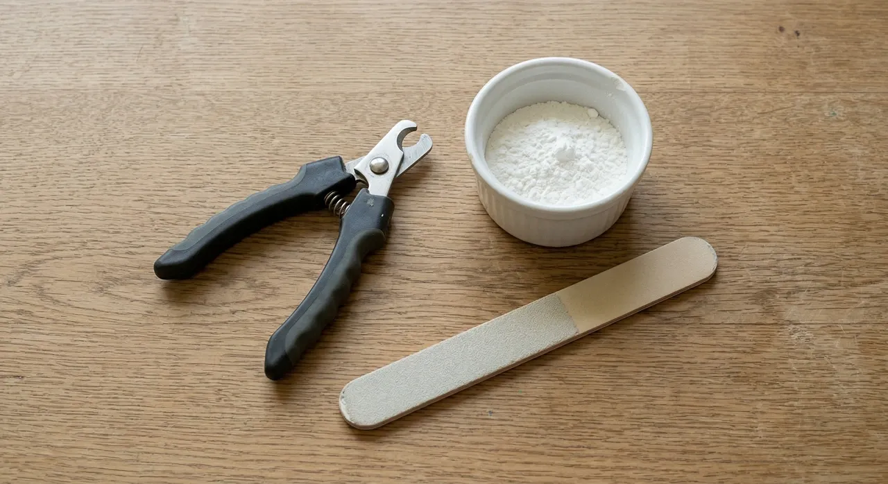 Small animal nail clippers, cornstarch ramekin, and nail file arranged on a wooden table before a trim session