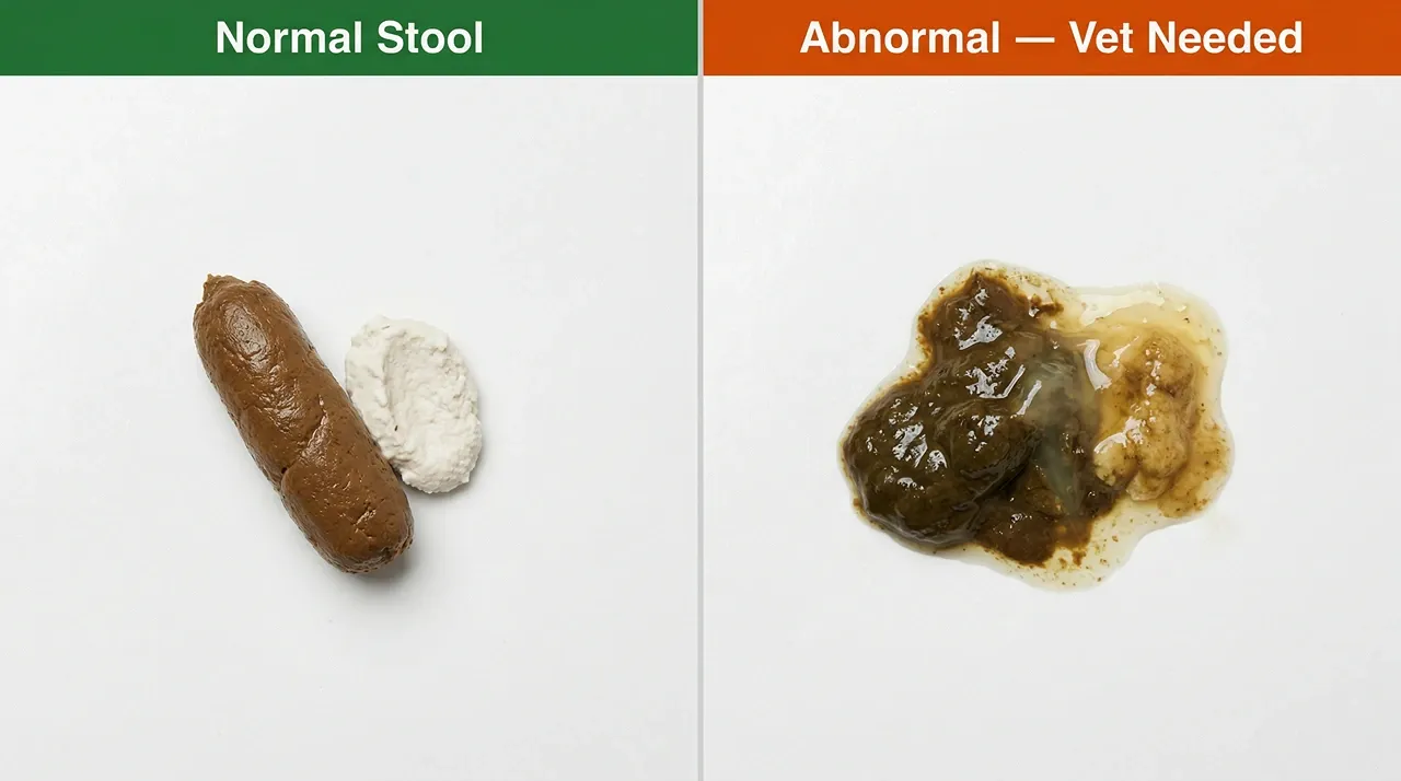 Healthy bearded dragon stool with white urate beside loose mucus-coated abnormal stool on white surface
