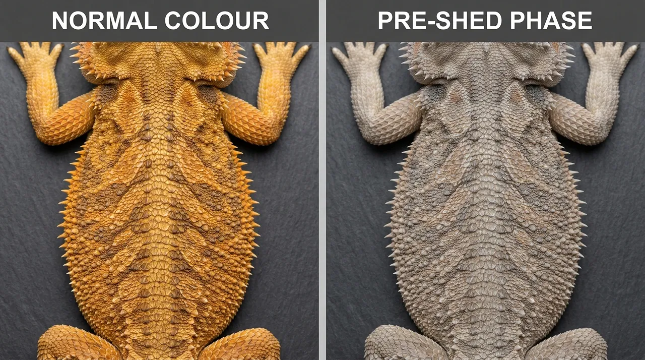 Comparison graphic: bearded dragon with vivid normal scales on left, dull ashy pre-shed colouration on right