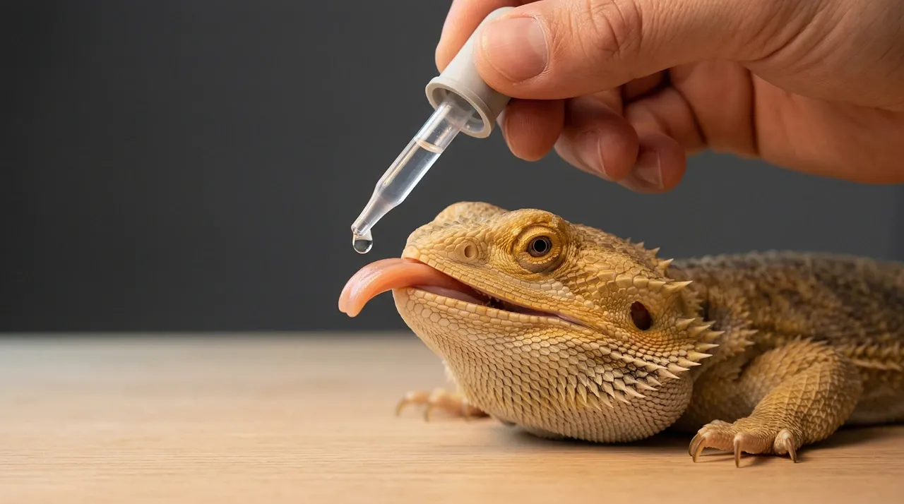 Keeper holding a dropper above a bearded dragon's snout, a water droplet at the tip, the dragon's tongue extended toward it