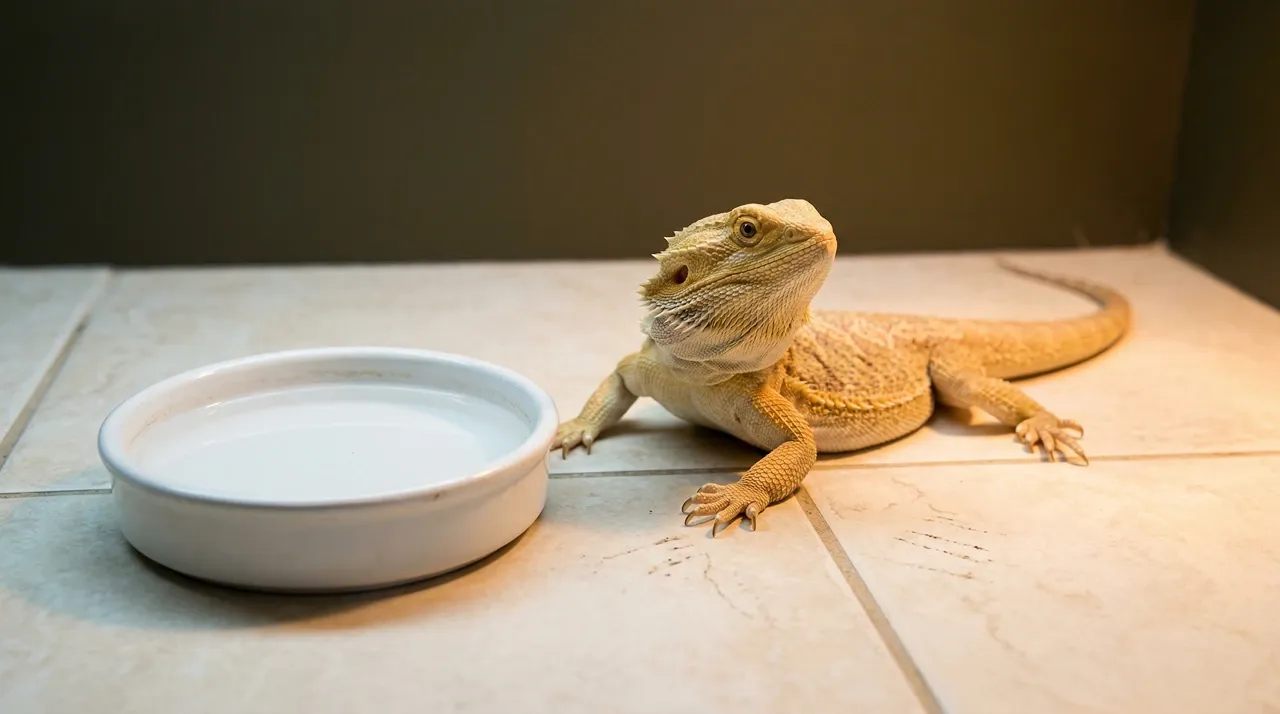 Bearded dragon beside a shallow ceramic water bowl on a tile enclosure floor, head raised and looking away from the bowl
