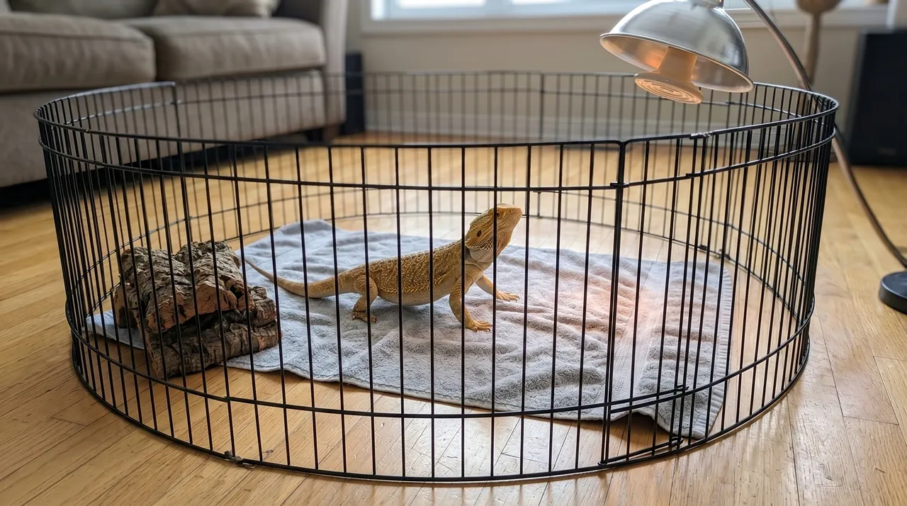 A bearded dragon exploring a circular exercise pen on a hardwood floor with a ceramic heat source mounted over one corner and a cork bark obstacle on the cooler side.