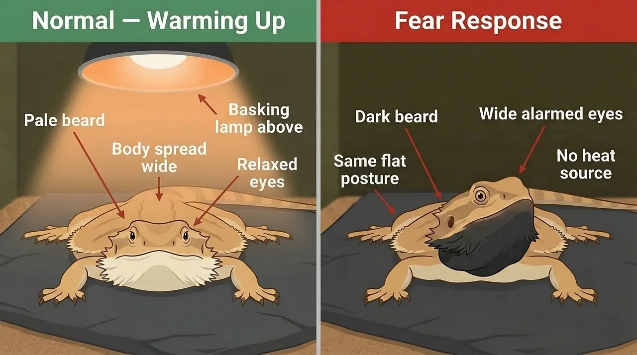 Side-by-side diagram showing a bearded dragon pancaking under a basking lamp with pale beard versus a stressed dragon in the same flat posture with black beard and wide alarmed eyes, demonstrating that posture alone does not identify the cause.