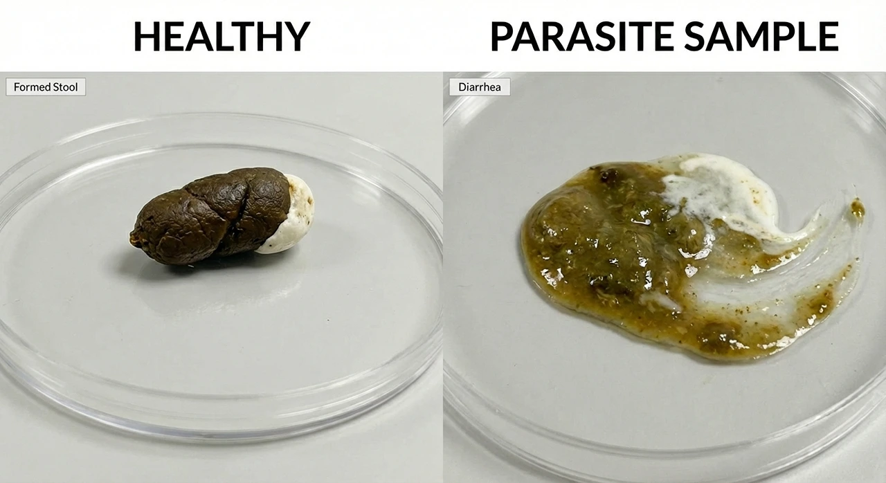 Comparison of healthy solid bearded dragon poop versus runny diarrhea caused by internal parasites like Coccidia or Pinworms.