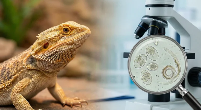 Featured image showing an adult bearded dragon on the left and a veterinary microscope on the right displaying a magnified view of Coccidia oocysts and a pinworm larva from a fecal test.