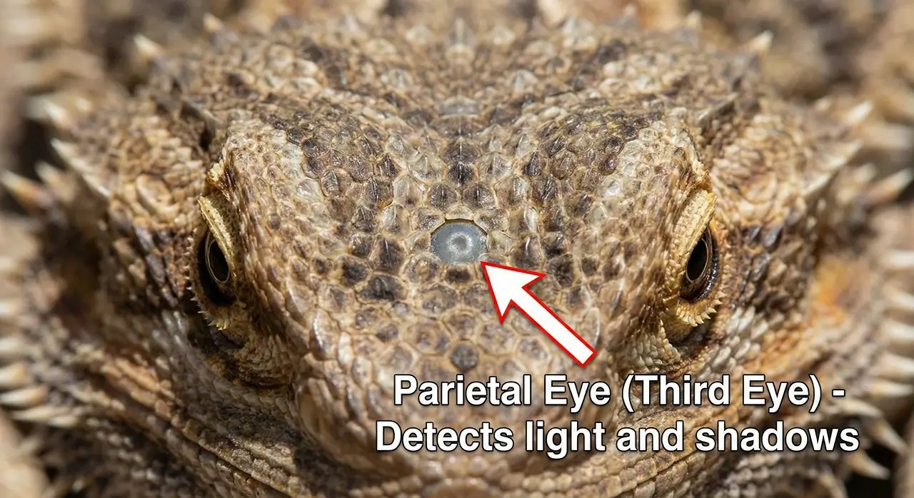 Macro photo of a bearded dragon's head from above, with a red arrow pointing to the parietal eye (third eye) scale, demonstrating how they detect light.