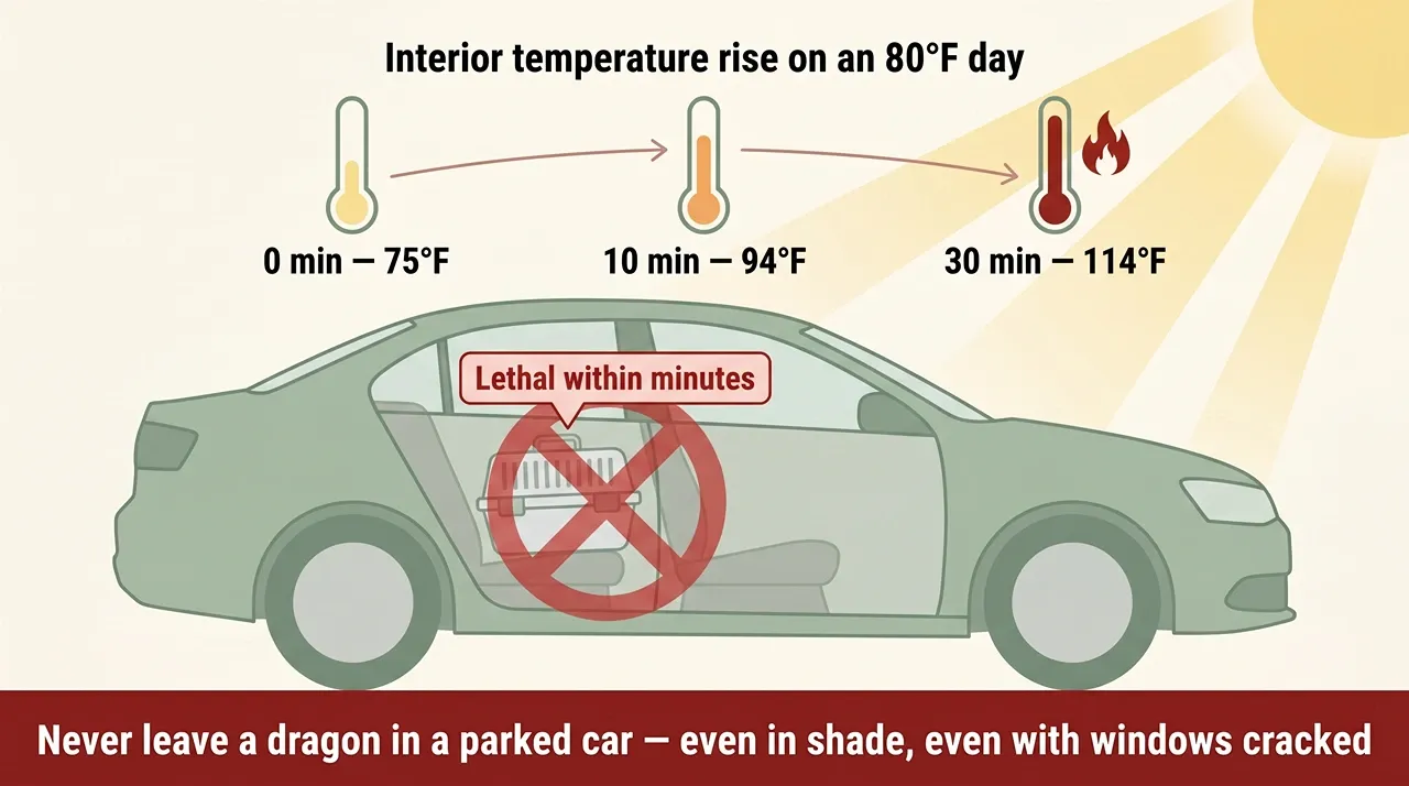 Safety infographic showing how fast a parked car interior heats up on a warm day and why a bearded dragon carrier must never be left inside.