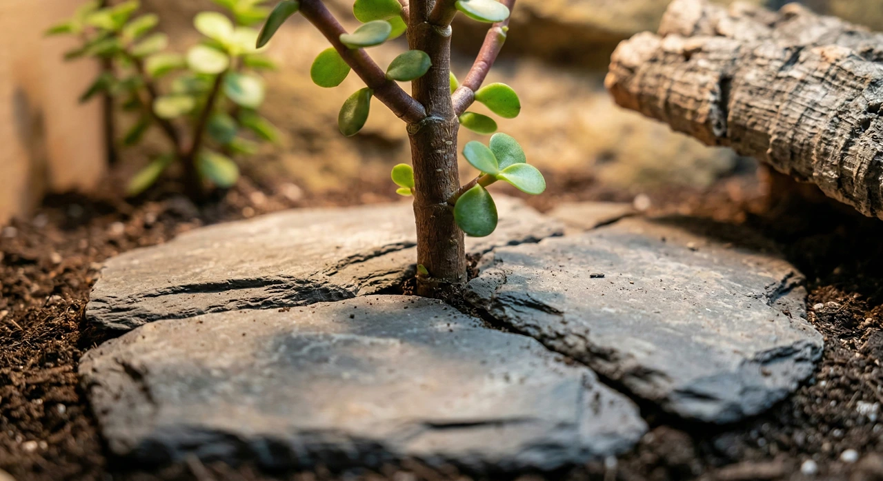 A close-up photograph of flat slate rocks arranged tightly around a plant stem in a terrarium to cover the topsoil and prevent a bearded dragon from digging.