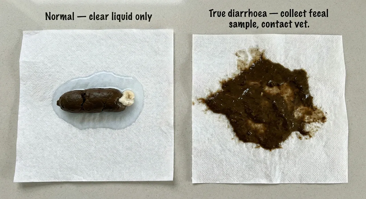 Bearded dragon stool comparison showing firm log with clear liquid pool on left and completely unformed diarrhoea on right