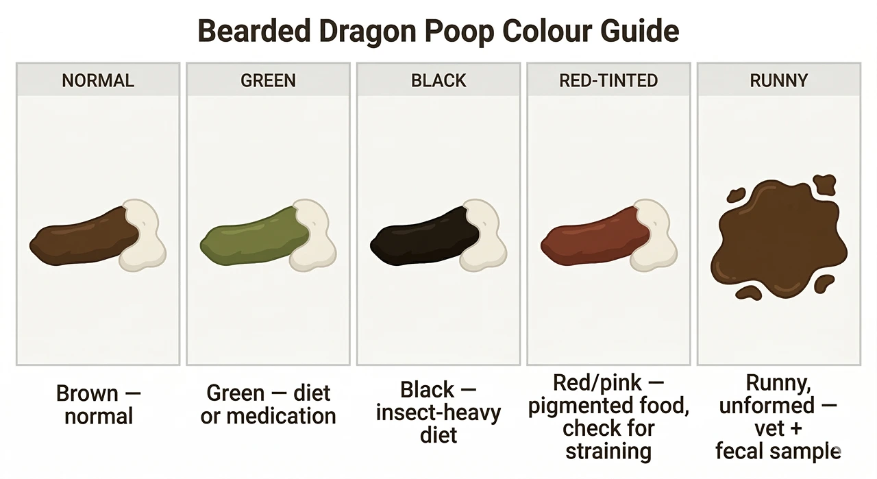Five-panel illustration showing bearded dragon poop colours: normal brown, green, black, red-tinted, and runny with labels