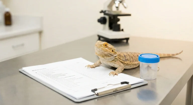 Bearded dragon sitting on a vet table next to a fecal sample cup and health checklist, representing a poop health check