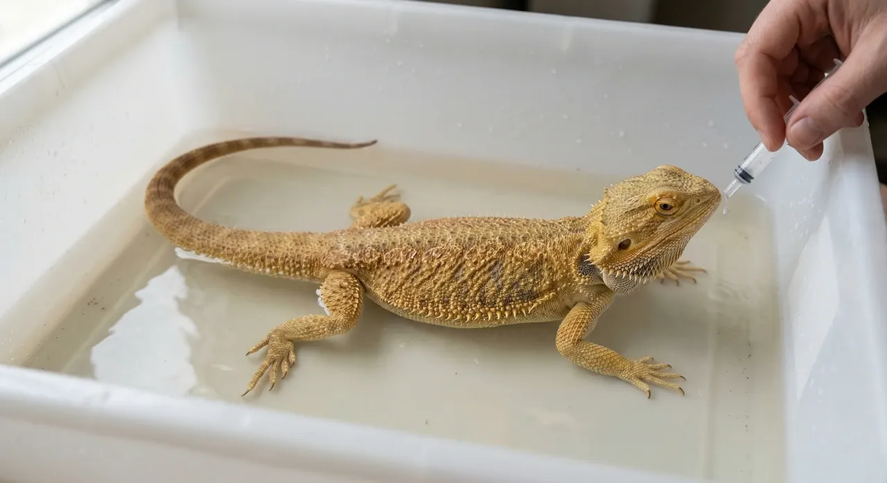 Keeper offering water from a syringe to a bearded dragon soaking in a shallow white plastic tub