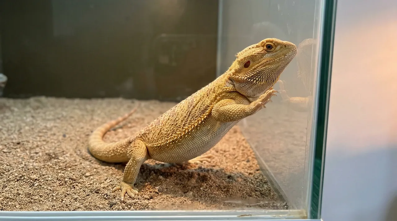 Bearded dragon pressing its front leg against enclosure glass, a behavioural sign the basking temperature is running too low