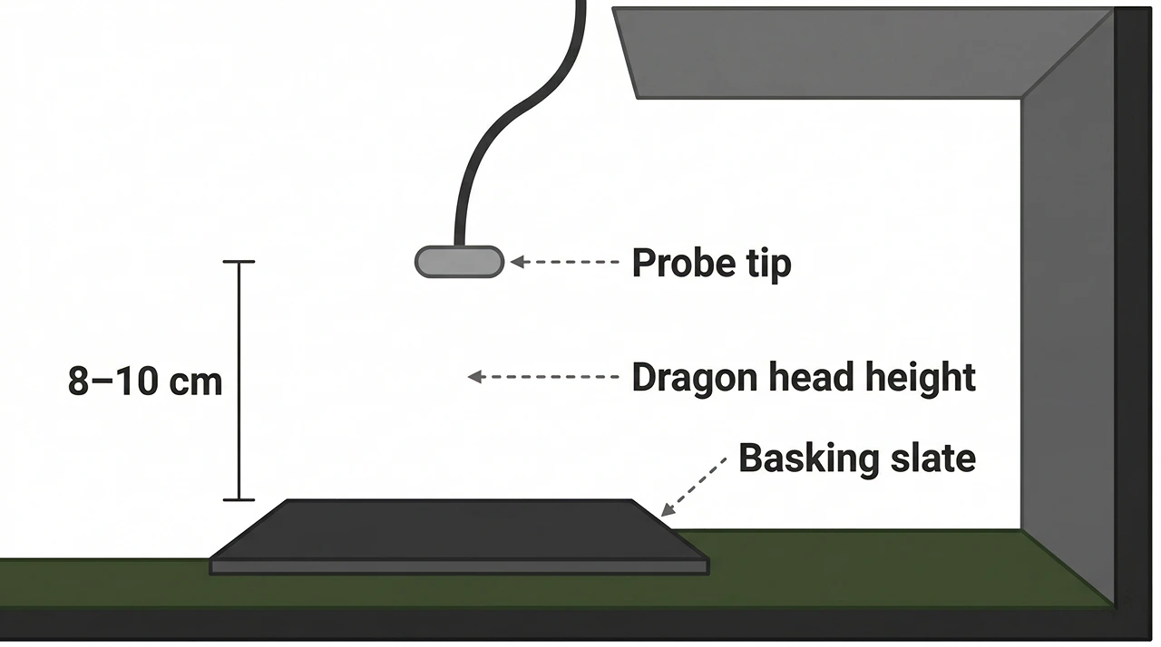Probe thermometer tip suspended 8 to 10cm above a basking slate tile at dragon head height inside a bearded dragon enclosure