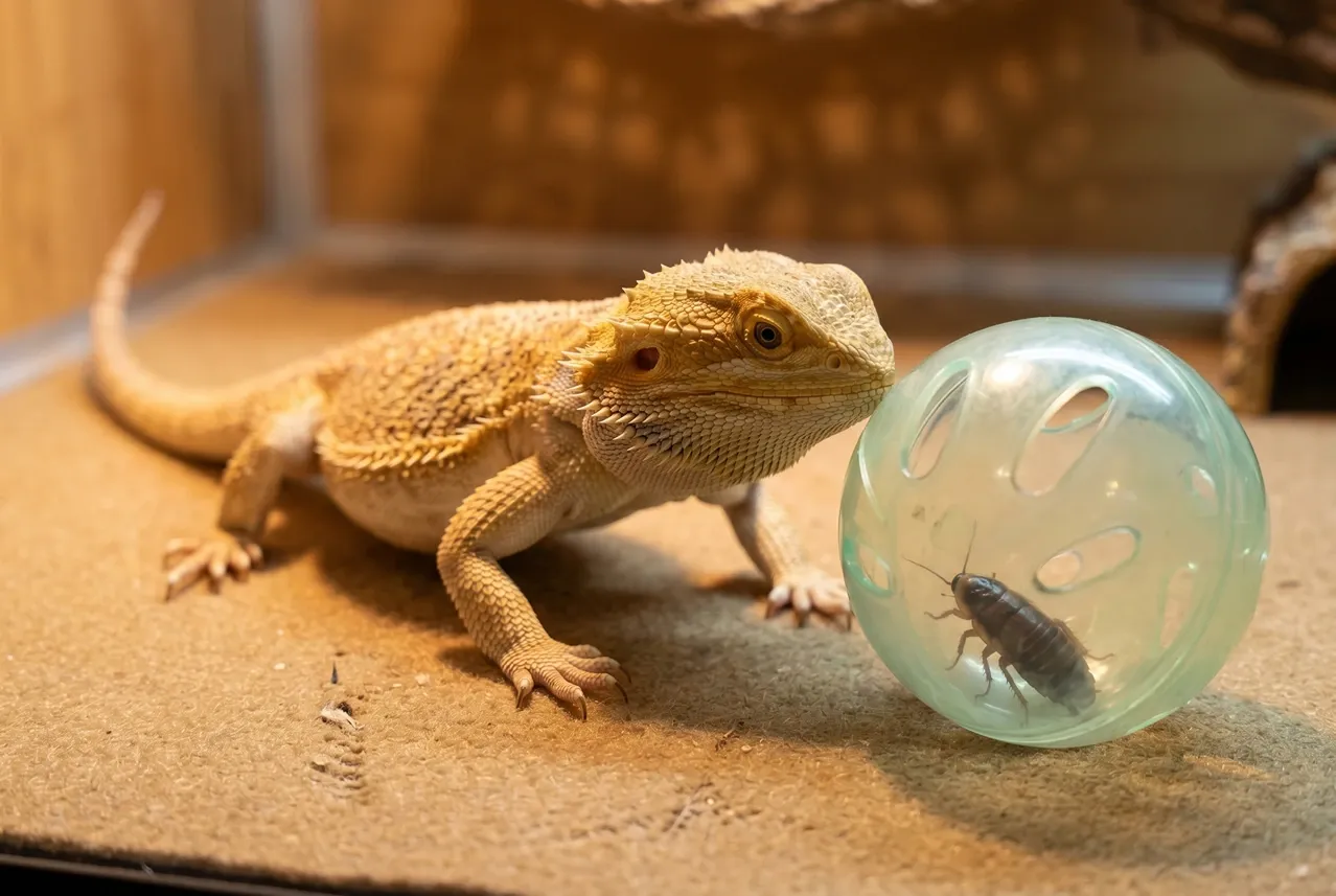 Bearded dragon tracking a dubia roach inside a clear slotted plastic treat ball during a supervised puzzle-feeding session.