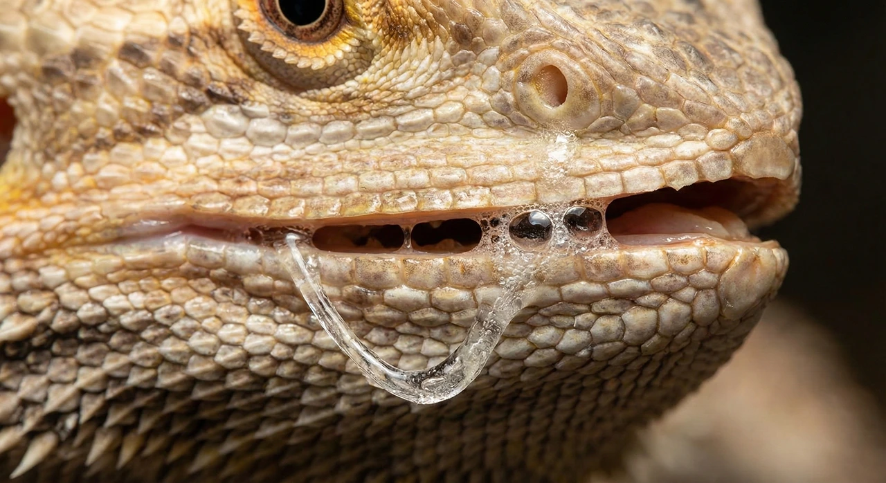Macro close-up of a bearded dragon's mouth showing thick, stringy mucus bubbles, a clear sign of a respiratory infection.